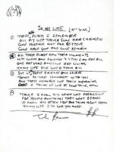 John Lennon handwritten lyrics for In My Life